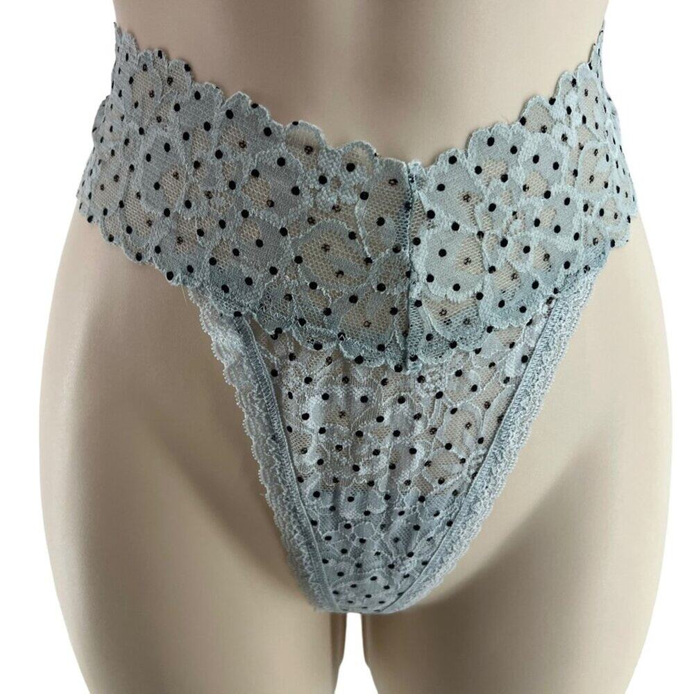 Victoria’s Secret All Over Lace Thong Panty Blue Black Polka Dot Size Large